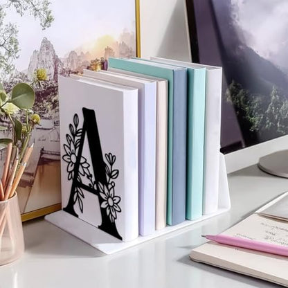 5.3"x4.3"x7.1" Metal Bookends, Heavy Duty Book Ends for Shelves | Letter A with Flower Theme Cast Iron Book Supports, 1 Pair Decor Stoppers for Desk, Library, Office & Home Shelves - style: Letter A with Flower