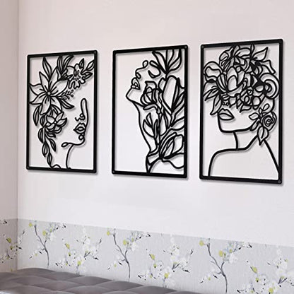 CHENGU 3 Pieces Metal Minimalist Abstract Woman Wall Art Line Drawing Wall Art Decor Single Line Female Home Hanging for Kitchen Bathroom Living Room - style: Fresh Style