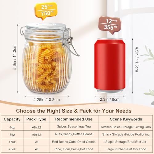 Glass Jars with Airtight Lids, 26oz Glass Storage Jars Set of 6, Thick Food Storage Containers for Pantry Organization, Kitchen Counter, Coffee, Pasta, Cereal - size: 26 fl oz x 6 - Ridged
