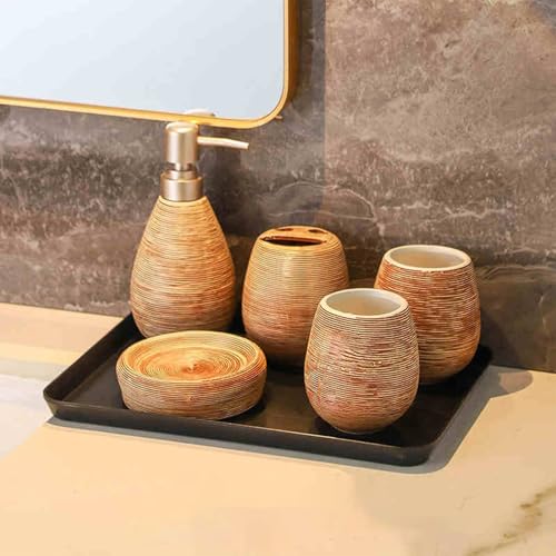 Bathroom Ceramic Accessories Set, 6 Piece Bathroom Set with Including Soap Dispenser Mouthwash Cup Soap Dish Toothbrush Holder Tray (Brown)