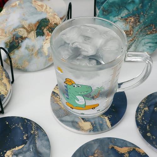 Navy Blue Marble Ceramic Coasters with Holder Absorbent Drink Coaster Set Outdoor Round Abstract Cute Table Decorative Coffee Cup Beverage Fun Wine Beer Bar Gold Housewarming 6 Pack - style: Navy Blue Gold