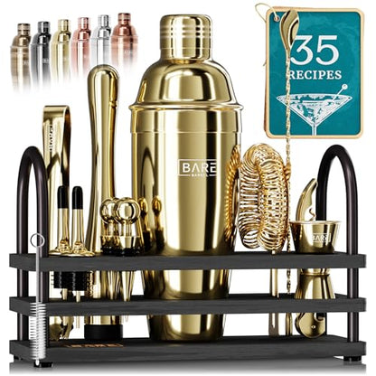 BARE BARREL® Mixology Bartender Kit Bar Set | 14-Piece Cocktail Shaker Set | Martini Barware Mixing Tools for Home Bartending | 35 Recipe Cards | Gift Set (24oz Cobbler Shaker, Gold/Black) - color: Gold/Black
