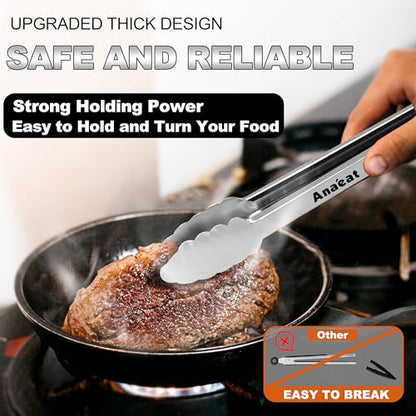 Anaeat Premium Kitchen Locking Tong Set of 3 - Heavy Duty Stainless Steel Food Tongs with Long Handle & Non-Slip Silicone Grip for Cooking, Baking, Grilling - Heat Resistant up to 480°F - color: 3 Pcs Stainless Steel - Black, size: 7+9+12 Inch