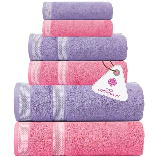 CASA COPENHAGEN Solitaire 6Pcs 100% Egyptian Cotton Large Designer Towels Gift Set- Purple Rose - Pink, 600GSM, 2Bath 2Hand 2Washcloths, Bath Towels for Bathroom Set for Women & Men - color: Solitaire 6pcs Towel Set Purple Rose-pink, size: 6 Pieces