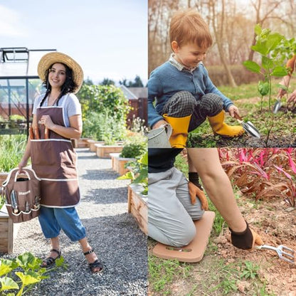 Brown Garden Tools Set 12-Piece, Gardening Gifts for Women Men | Aluminum Garden Hand Tool Kit with Non-Slip Ergonomic Handle, Storage Tote Bag, Apron, Gloves and Kneeling Pad for Gardeners - color: brown