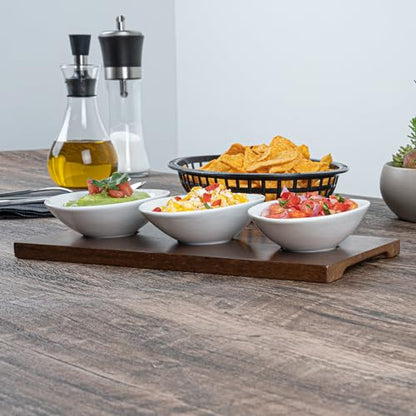 Restaurantware-9 Ounce Bowl Set with Tray - 1 Dishwashable Serving Set, Includes 3 Porcelain Bowls And 1 Bamboo Tray, Durable, White Porcelain And Bamboo Bowl And Platter Kit, Reusable, Freezable - size: Triple set, style: Ellipse