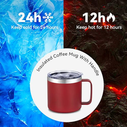 VEGOND 14 oz Insulated Coffee Mug Bulk with Handle, Stainless Steel Travel Coffee Mug with Lid, Double Wall Vacuum Metal Coffee Cup, Coffee Tumbler Powder Coated, Red 4 Pack - color: Red, size: 14 Ounces (4 Pack)