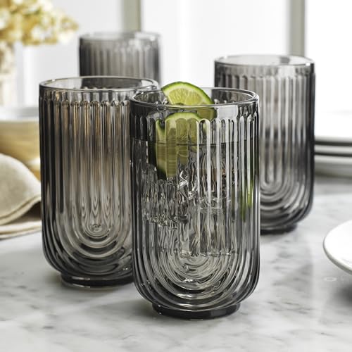 Glaver's 8 Piece Smoke Glassware Set, Art Deco Black Drinking Glasses, Ribbed U-Shape Design, 4 Highball 17oz and 4 Whiskey 11oz DOF Arch Drinkware - style: Smoke S/8 17oz 11oz
