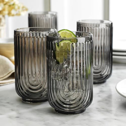 Glaver's 8 Piece Smoke Glassware Set, Art Deco Black Drinking Glasses, Ribbed U-Shape Design, 4 Highball 17oz and 4 Whiskey 11oz DOF Arch Drinkware - style: Smoke S/8 17oz 11oz