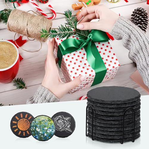 8 Pack 4 Inch Round Black Slate Coasters Set with Storage Holder | Natural Slate Stone Coasters, Laser Engraving Blanks, Anti-scratch Bottom, DIY Craft, for Office Bar Home Dinner Table Decor - size: 8 Round Coasters