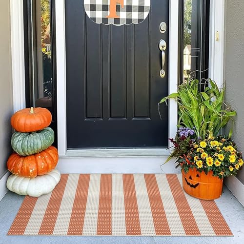 Front Door Rug 24"x51" Outdoor Door Mat Striped Porch Rug Fall Decor | Washable Front Door Mat Outside Entrance Small Area Rug Cotton Woven Carpet for Porch Kitchen Entryway Patio Orange/White - color: Orange/Tan/White, size: 2' x 4'3" (Rectangular)