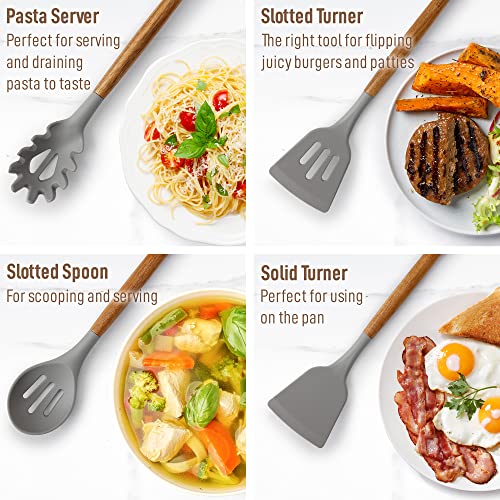 Zulay Kitchen 8 Piece Silicone Utensil Set | Non-Stick Silicone Cooking Utensils Set with Acacia Wood Handles - 464°F Heat Resistance Kitchen Utensils Set - Gray - color: Elegant Grey, size: 8-Piece Set