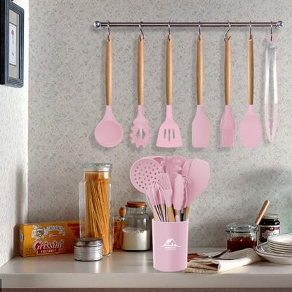 MIBOTE Silicone Cooking Kitchen Utensils Set, Wooden Handle, Pinky | BPA-Free, Non-Toxic Silicone Turner, Tongs, Spatula, Spoon Set – Great for Nonstick Cookware, Heat-Resistant, Easy Clean - color: Pinky