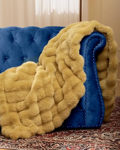 Ultra Soft Cozy Faux Fur Throw Blanket, Fuzzy Plush Thick Bubble Blanket, Oversize Luxury Fluffy Blanket for Couch, Sofa, Bedroom, and Living Room,50x60 Inches, Dark Yellow - color: Bubble Dark Yellow, size: Throw
