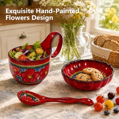 3 Piece Hand Painted Loop Handle Soup Bowl, Plate and Spoon Set,13.37oz Ceramic Cereal Cup for Coffee,Floral Bowl Set for Soup Snack Ice Cream Stew Microwave Dishwasher Safe (Red) - color: Flamenco Red