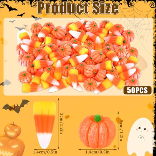 JUNEBRUSHS 50 Pcs Fake Candy Corns Artificial Pumpkin Resin Ornaments | Realistic and Lovely Appearance, Vase Filler, Halloween Fall Crafts Table Decorations - style: Corns Pumpkin Style