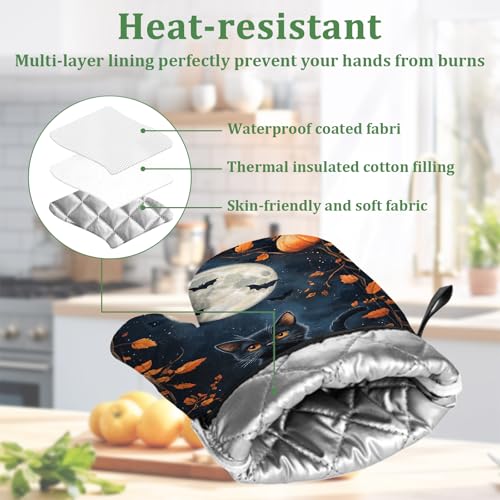 Black Cat Pumpkin Moon Oven Mitts and Pot Holders Sets 4 Pcs Silicone Halloween Kitchen Gloves Heat Resistant Potholders for Baking Grilling BBQ - color: Halloween Black Cat