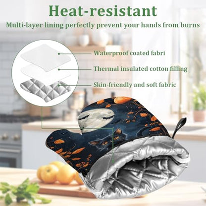 Black Cat Pumpkin Moon Oven Mitts and Pot Holders Sets 4 Pcs Silicone Halloween Kitchen Gloves Heat Resistant Potholders for Baking Grilling BBQ - color: Halloween Black Cat
