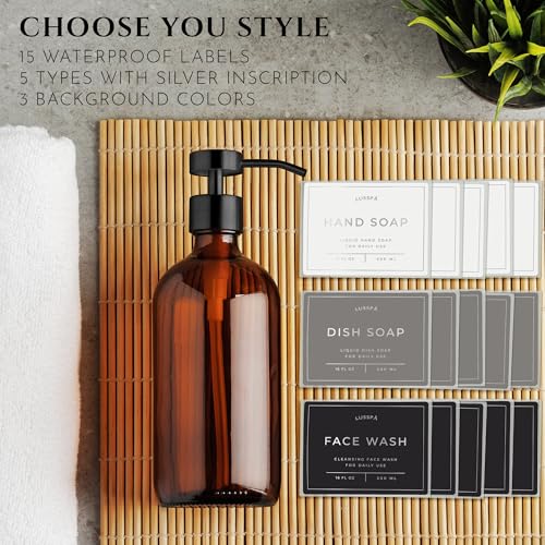 Glass Soap Dispenser Set of 2 (Amber) with Silicone Tray | Hand and Dish Soap Dispenser for Kitchen and Bathroom | 16.8 Oz Glass Bottles with Stainless Steel Pump & 15 Waterproof Labels (Amber/Black) - color: Amber/Black