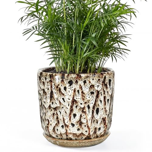 7.8 Inch Ceramic Plant Pot with Drainage Hole Mesh Net, Large Flower Pots for Indoor Plants with Saucer, Gardening Pots Outdoor - color: Peacock White, size: 7.8 Inch