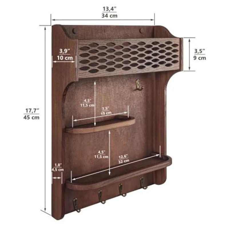 Rustic Wall Mounted Key Holder with Mail Sorter, Wooden Entryway Organizer with Hooks and Shelves, Walnut Finish Key Rack for Hallway, Living Room