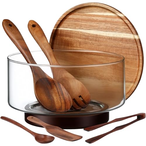 FoldTier Large Glass Salad Bowl Set, Party Salad Bowl with Acacia Wood Base and Lid as Cheese Charcuterie Board and Plate, Comes with 5 Pieces Elegant Wood Serving Utensils