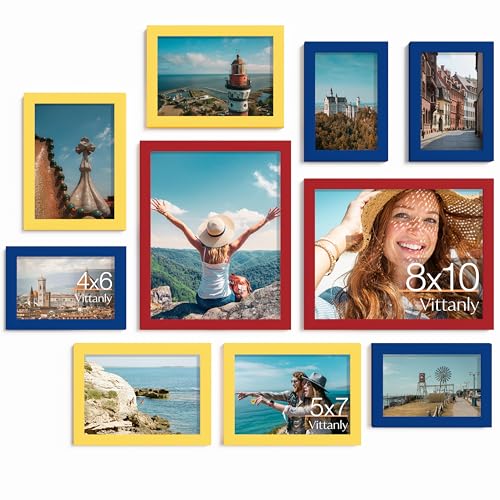 Vittanly 10 Pack Gallery Wall Frame Set, Red, Yellow, Blue | Gallery Wall Frame Set: 2pcs 8x10, 4pcs 5x7 & 4pcs 4x6 Photos for Wall & Table, Picture Frames made of Engineered Wood - color: Red & Yellow & Blue