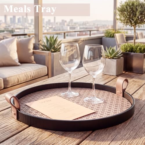 12 Inch Round Ottoman Tray, Woven Leather Decorative Tray,Brown | PU Leather Texture, Smooth Handles, Waterproof Surface, Easy Care Design, Coffee Table Accent, Living Room Home Decor