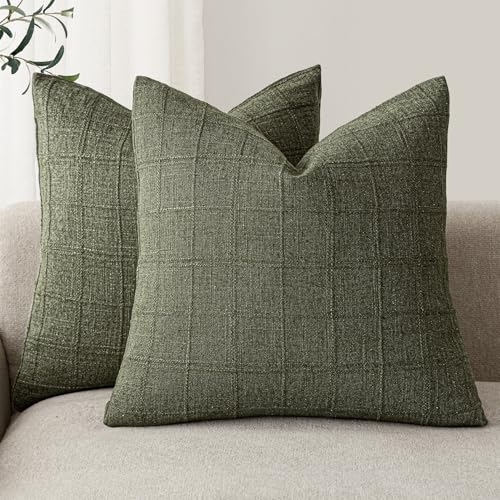 Foindtower Set of 2 Decorative Linen Check Throw Pillow Covers Neutral Farmhouse Vintage Cushion Covers Modern Boho Home Decor for Sofa Chair Couch Bedroom Living Room,18×18 Inch,Olive Green - color: Capulet Olive, size: 18" x 18" (Pack of 2)