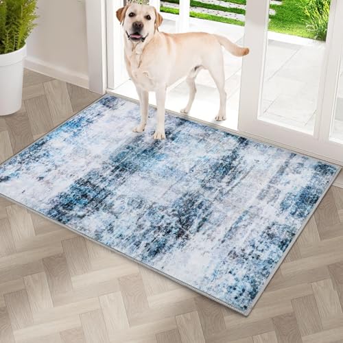 COMSLE Door Mat, Front Door Mat Indoor for Entrance Faux Wool Absorbent Non Slip Modern Throw Rug for Entryway Hallway Muddy Paws - Pet Friendly, 20x32 Inches,Smashing Blue Machine Washable - color: Smashing Blue/Gray, size: 1'8" x 2'8" (Rectangular)