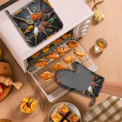 Various Spices and Herbs Heat-Resistant Oven Mitts and Pot Holder Kitchen Non-Slip Silicone Cooking Microwave Gloves for Cooking Baking Grilling - color: Various Spices and Herbs
