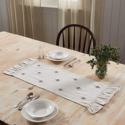 VHC Brands Embroidered Bee, Farmhouse Table Runner, Ruffled, Rectangle, Yellow Grey, 13x36 - size: 13x36