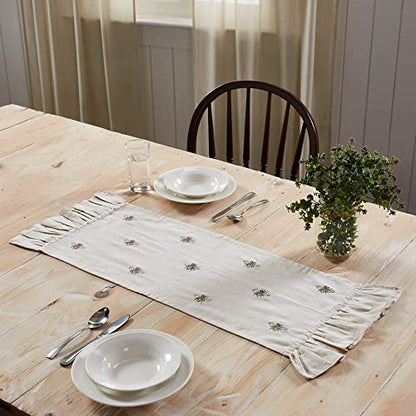 VHC Brands Embroidered Bee, Farmhouse Table Runner, Ruffled, Rectangle, Yellow Grey, 13x36 - size: 13x36
