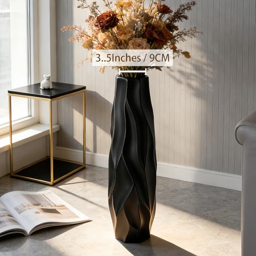 Black Tall Ceramic Floor Vase, 24 Inch, Pleated Wave Design | Matte Finish, Living Room, Fireplace, Entryway, Pampas Grass - size: 24 Inch