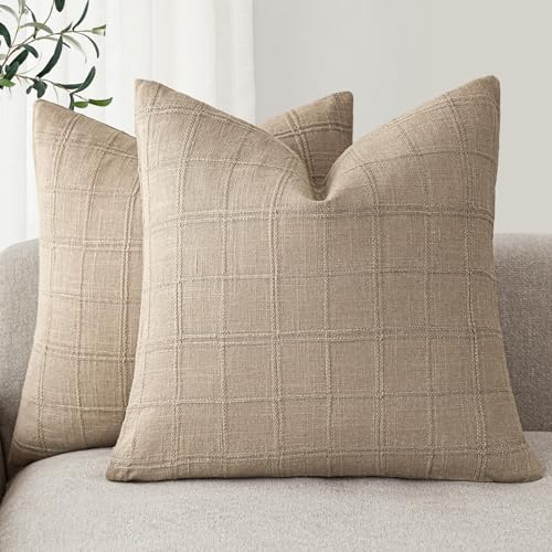 Foindtower Set of 2 Decorative Linen Check Throw Pillow Covers Neutral Farmhouse Vintage Cushion Covers Modern Coastal Boho Home Decor for Sofa Chair Couch Bedroom Living Room,16×16 Inch,Camel - color: Camel, size: 16" x 16" (Pack of 2)