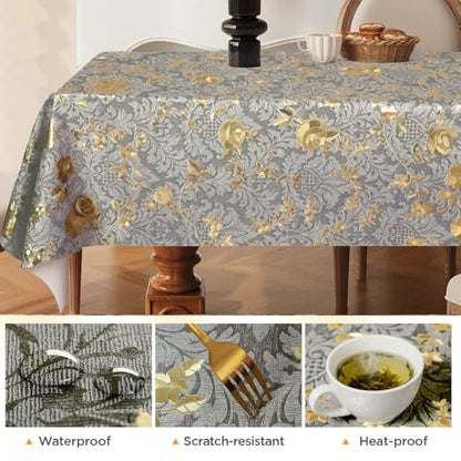 Rectangle PVC Table Cloth Elegant Gold Vine Flower Waterproof Oil-Proof Heavy Duty Vinyl Fitted Tablecloths Wipeable Washable Stain-Resistant Table Cover Dining Christmas Party (Lake Blue,54" X 78") - color: Lake Blue