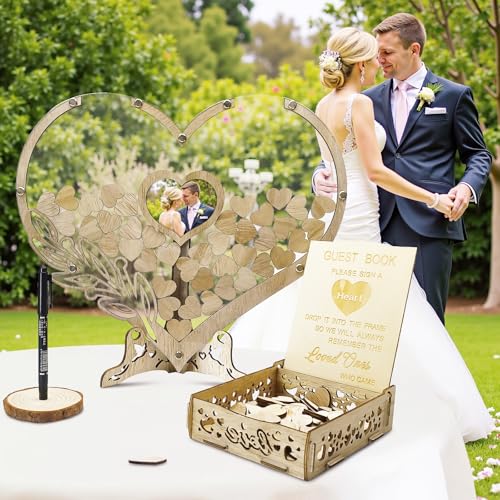 Wedding Guest Book Alternative, Rustic Heart Shaped Wooden Guest Book with 100 Wooden Hearts Tree for Wedding Party Birthday, Personalized Wedding Decor with Guest Sign-In Box & Heart Frame for Photo