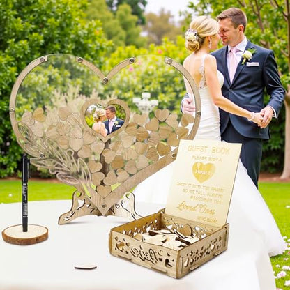 Wedding Guest Book Alternative, Rustic Heart Shaped Wooden Guest Book with 100 Wooden Hearts Tree for Wedding Party Birthday, Personalized Wedding Decor with Guest Sign-In Box & Heart Frame for Photo