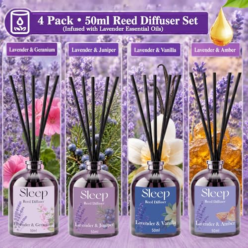 STRN Reed Diffuser Sets, 4 Lavender Scent Diffuser Summer Fragrance 200ML | Long-Lasting Geranium, Juniper, Vanilla, Amber Scents for Bedroom SPA Home - color: Purple 2
