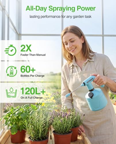 TaskStar Electric Spray Bottle 2L/0.5 Gallon, Battery Powered Garden Sprayer Up to 7.5 Hours Long Battery Life with Fast Charging, Automatic Mister Spray Bottle for Plant with Independent Water Inlet