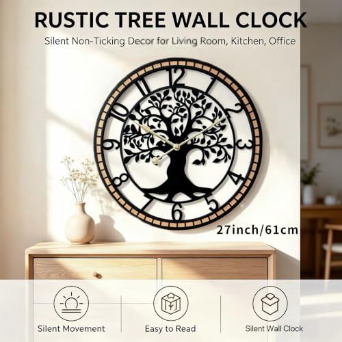 Large Wall Clock for Living Room Decor Tree of Life Metal Wall Art, Non-Ticking Battery Operated Metal Black with Solid Wood Frame for Office/Bedroom/Kitchen 27inch - size: B 27 Inch
