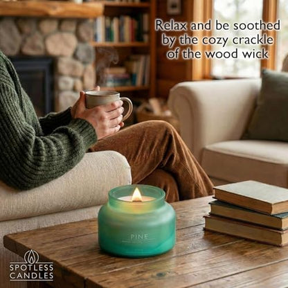 Pine Volcano Candle 19oz: 80-Hour Burn, Natural Refreshing Pine Scent, Hybrid Soy Wax, Crackling Wood Wick, Teal Matte Glass Jar, Gold Foil Gift Box by Spotless Candles - color: Pine 19, size: 19oz