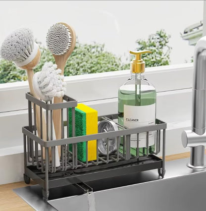 Kitchen Sink Organizer, Large Sink Caddy with Drain Tray, Stainless Steel Sponge Holder, Dish Cloth Rack, Brush Holder, Rustproof Countertop Kitchen Organizer