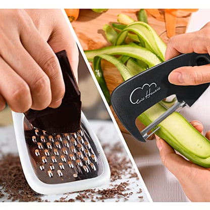5 Pieces Kitchen Gadgets Set with Storage Bag, Cooking Gift Set | Space Saving Cooking Tools Accessories, Cheese Chocolate Grater, Peeler, Bottle Opener, Pizza Cutter, Stackable - color: Black White Gray 4pcs