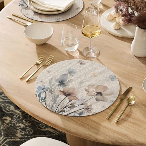 Artoid Mode Brown Poppy Floral Round Placemats Set of 4, 14 Inch Washable Non-Slip Plastic Woven Plastic PVC Place Mats for Farmhouse Party Dining Decor - size: 14", Round 4 Pcs