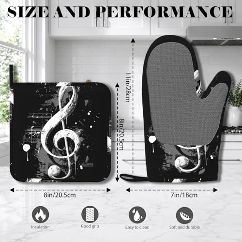 Black Notes Oven Mitts and Pot Holders Sets Non-Slip Silicone Surface for BBQ Gloves,Kitchen,Cooking,Baking,Grilling,BBQ - color: Black Notes