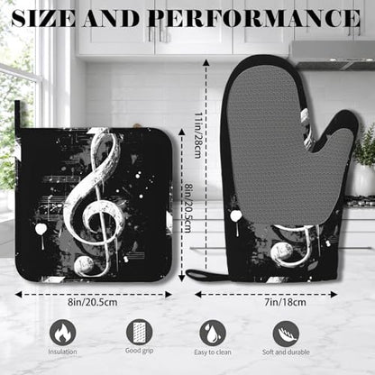 Black Notes Oven Mitts and Pot Holders Sets Non-Slip Silicone Surface for BBQ Gloves,Kitchen,Cooking,Baking,Grilling,BBQ - color: Black Notes