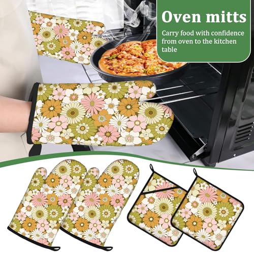 Retro 70s Style Flower Oven Mitts and Pot Holders Set 4 Pcs Extra Long Heat Resistant Gloves Potholder for Baking, BBQ, Grilling - color: Retro 70s Style Flower
