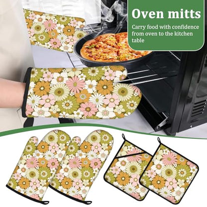 Retro 70s Style Flower Oven Mitts and Pot Holders Set 4 Pcs Extra Long Heat Resistant Gloves Potholder for Baking, BBQ, Grilling - color: Retro 70s Style Flower