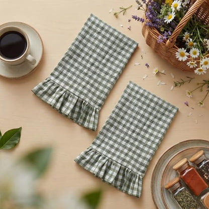 HunnmingRe Sage Green Kitchen Towels Set of 2, 100% Cotton Ruffled Gingham Dish Towels 18"x28" Tea Cloths Classic Plaid Pattern for Farmhouse Charm, Drying Dishes, Entertaining Guests - color: Sage Green, style: Gingham